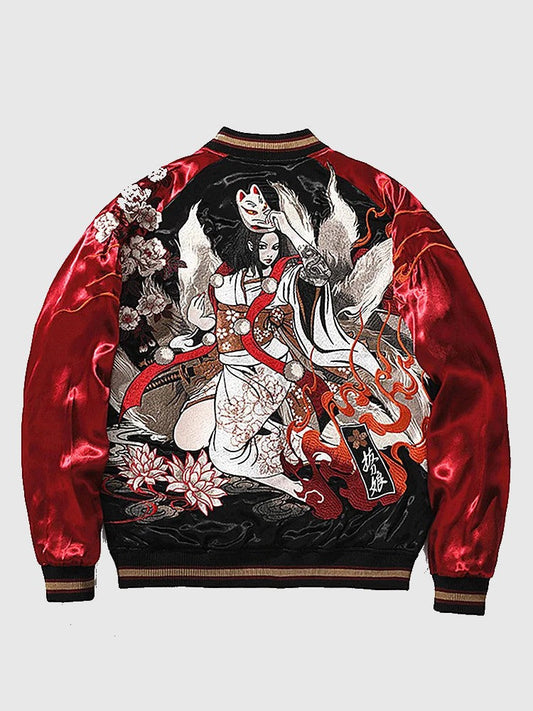 Red and black jacket with intricate design on a white background