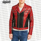 Red and black leather jacket worn by a person on a white background with 'urban collections' text.