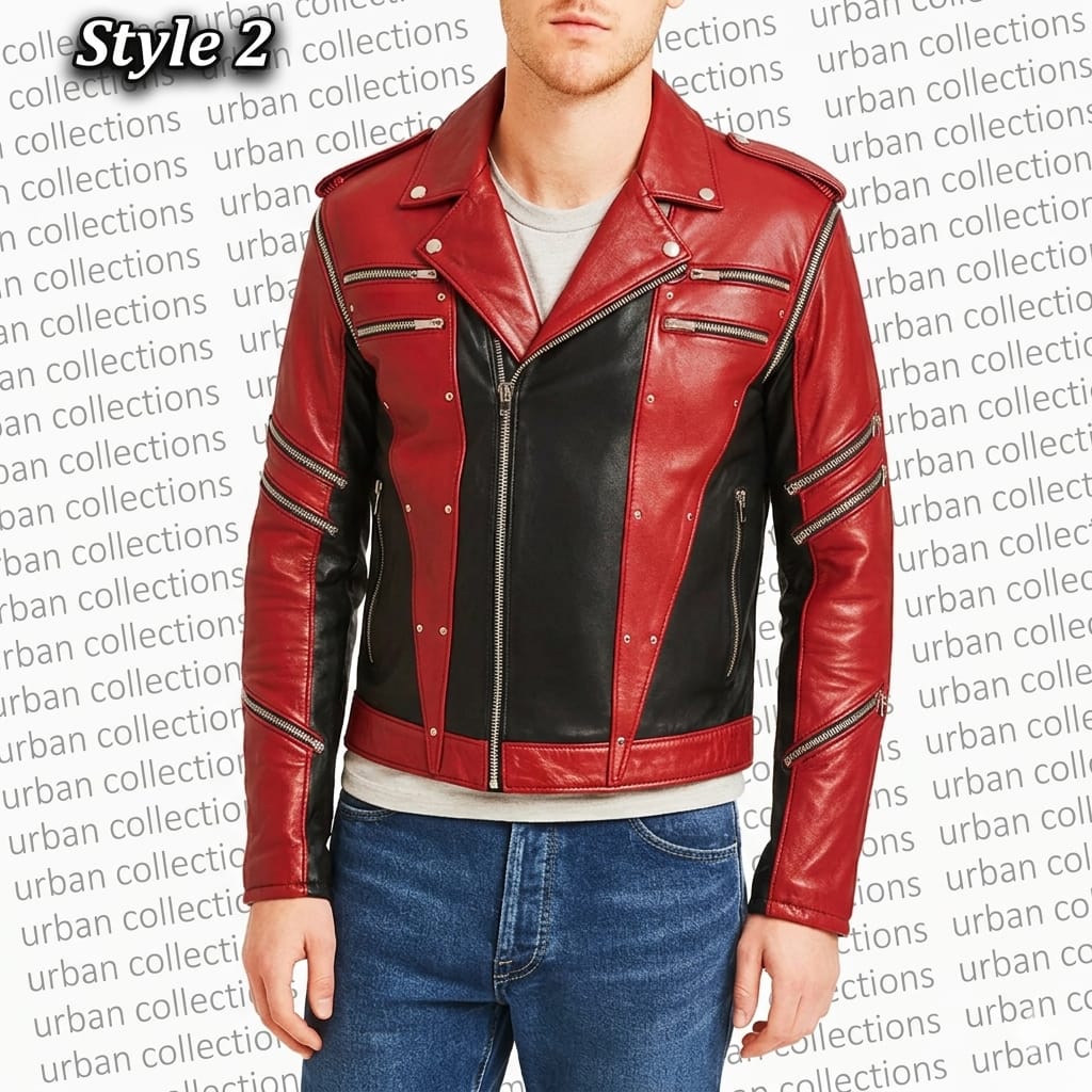 Red and black leather jacket worn by a person on a white background with 'urban collections' text.