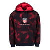 Red and black tie-dye hoodie with a logo on a white background