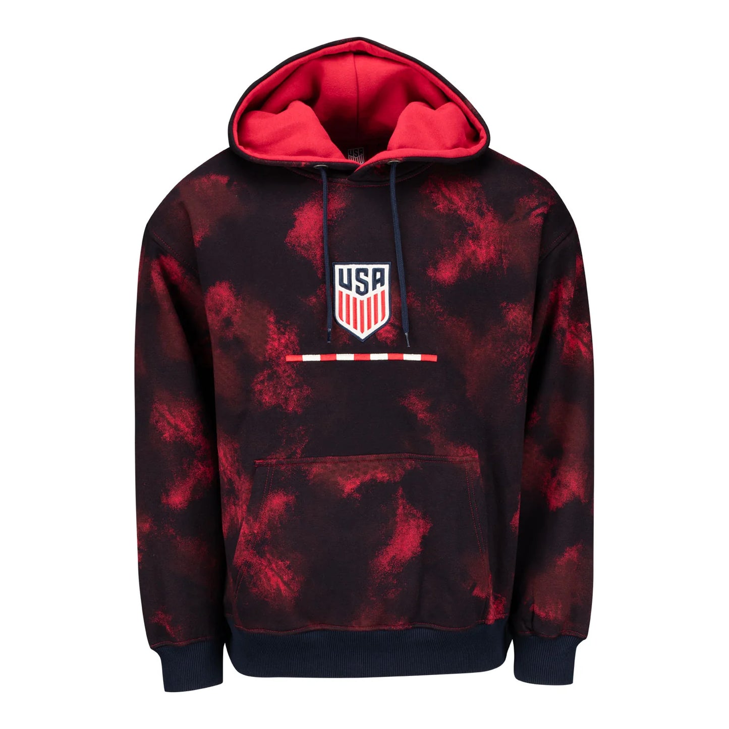 Red and black tie-dye hoodie with a logo on a white background