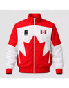 Red and white jacket with a large maple leaf design on a gray background