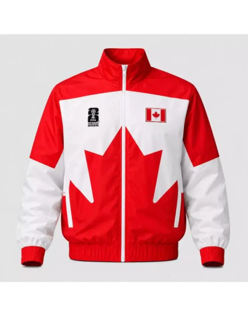 Red and white jacket with a large maple leaf design on a gray background