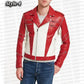 Red and white leather jacket worn by a person on a branded background