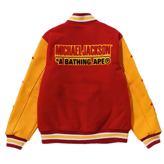 Red and yellow jacket with 'Michael Jackson A Bathing Ape' text on a white background
