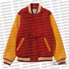 Red and yellow varsity jacket with 'urban collections' branding in the background