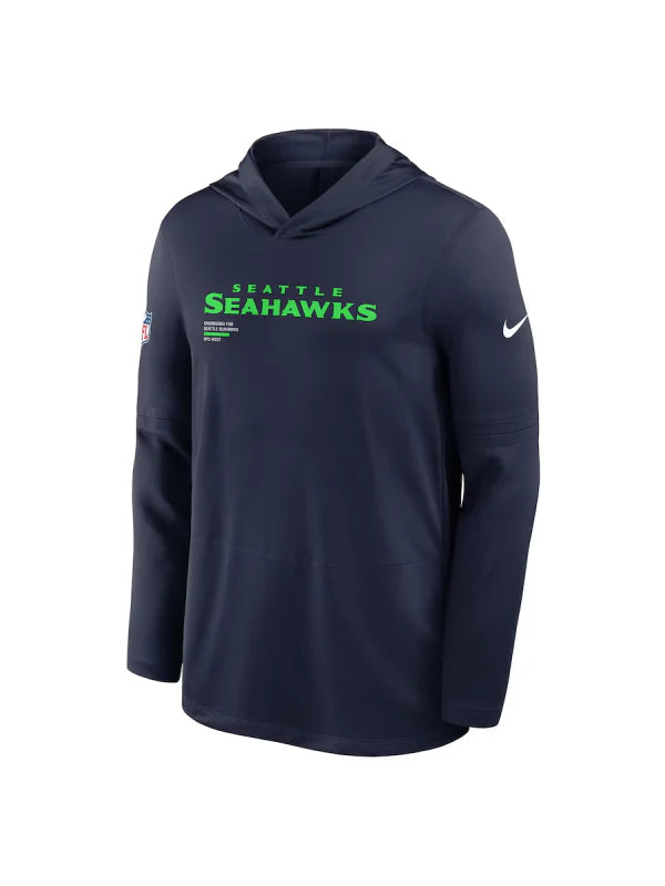 Seattle Seahawks Sideline Performance Long Sleeve Hoodie T-Shirt – Navy Blue Pullover (Recreated Edition)