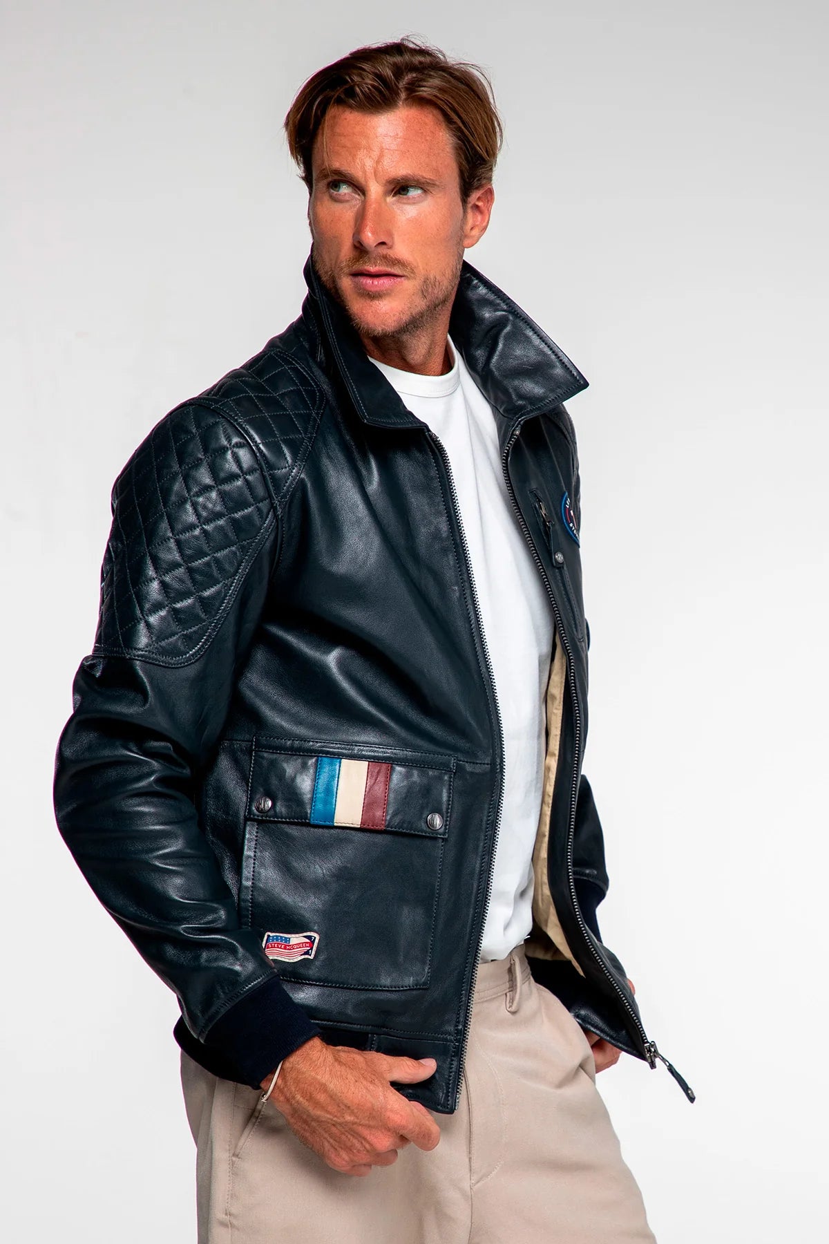 Blouson en Cuir Steve McQueen x Le Mans Terrence Bleu Marine Homme