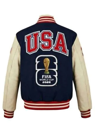 Varsity jacket with 'USA' and FIFA World Cup 2018 logo on a white background