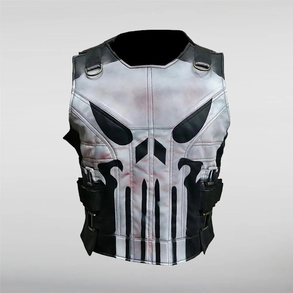 Vest with a Punisher logo design on a light gray background