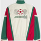 Vintage-style jacket with soccer ball and 'Mexico 86' text on a white background