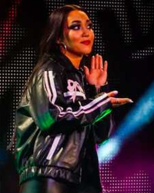WWE NXT 2025 Carla Gonzalez Pink Bow Black Leather Jacket — Product Description