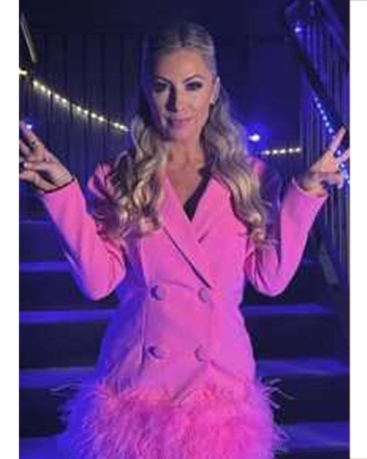 WWE NXT 2025 Sarah Schreiber Pink Feathers Trim Dress — Product Description