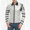 White jacket with black accents and straps on a white background with 'urban collections' text.