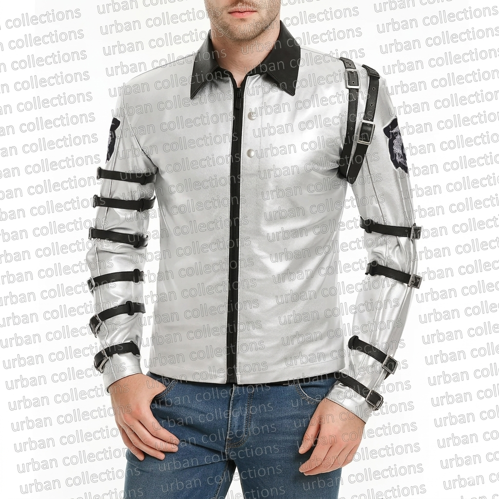 White jacket with black accents and straps on a white background with 'urban collections' text.