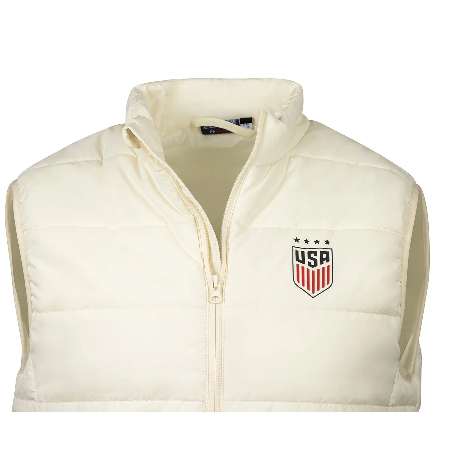 White puffer vest with USA logo on a white background