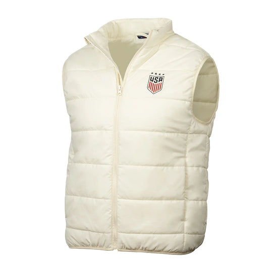 White puffer vest with a logo on a white background