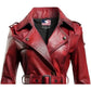 Women’s Distressed Red Leather Long Coat – Bold and Fashion-Forward