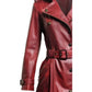 Women’s Red Distressed Long Leather Coat – Bold and Stylish