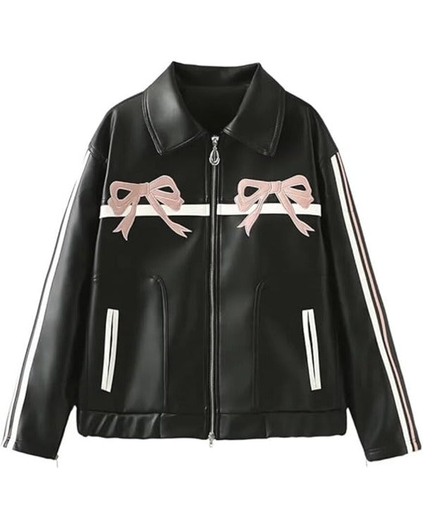 WWE NXT 2025 Carla Gonzalez Pink Bow Black Leather Jacket — Product Description