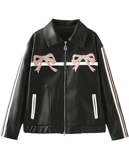 WWE NXT 2025 Carla Gonzalez Pink Bow Black Leather Jacket — Product Description