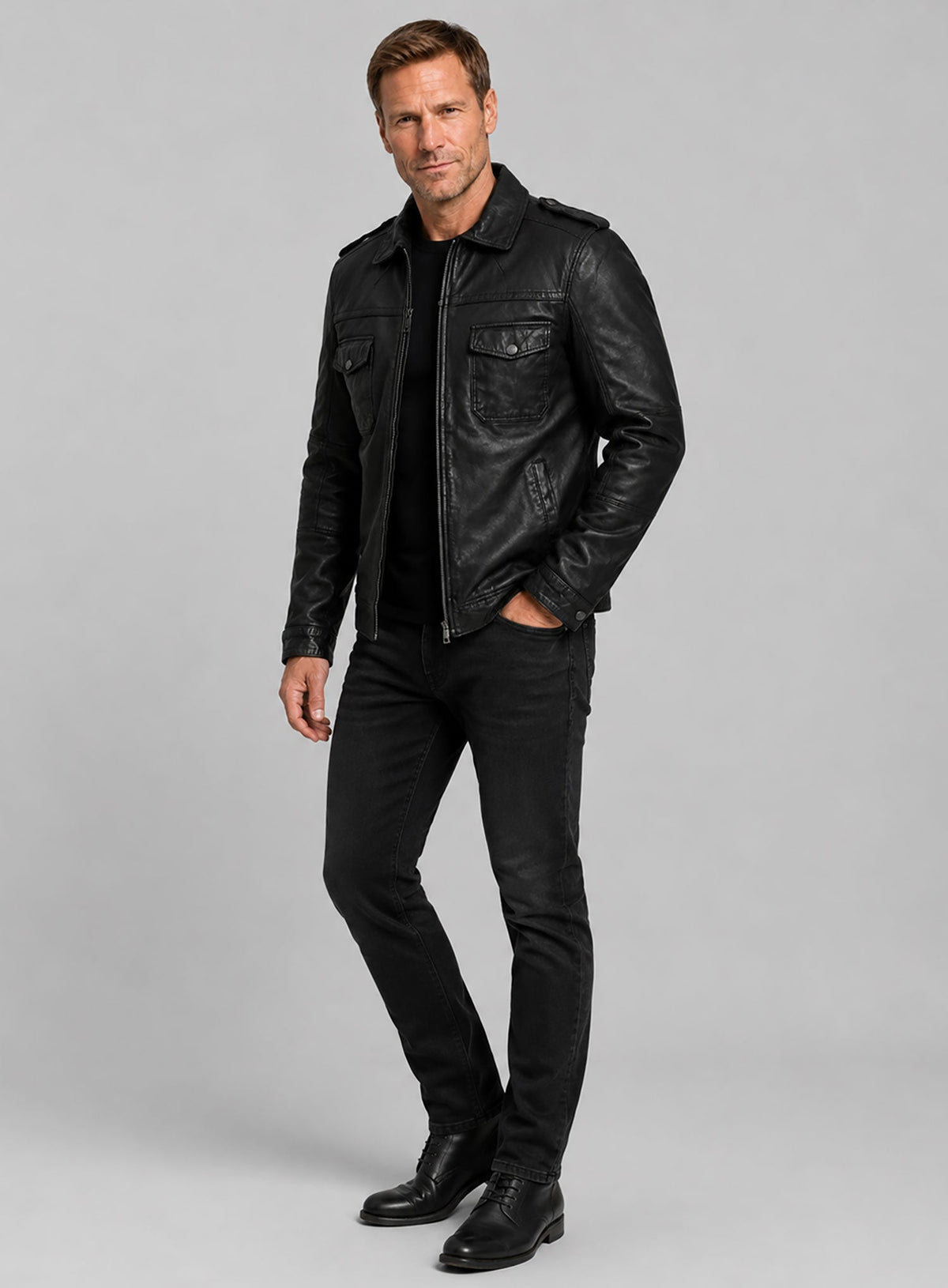 Aaron Eckhart Comic-Con Black Leather Jacket – worn look