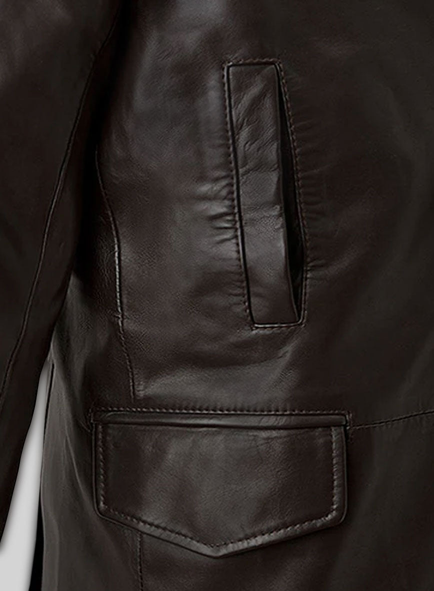 Aaron Eckhart Love Happens Black Leather Trench Coat – close-up and worn views