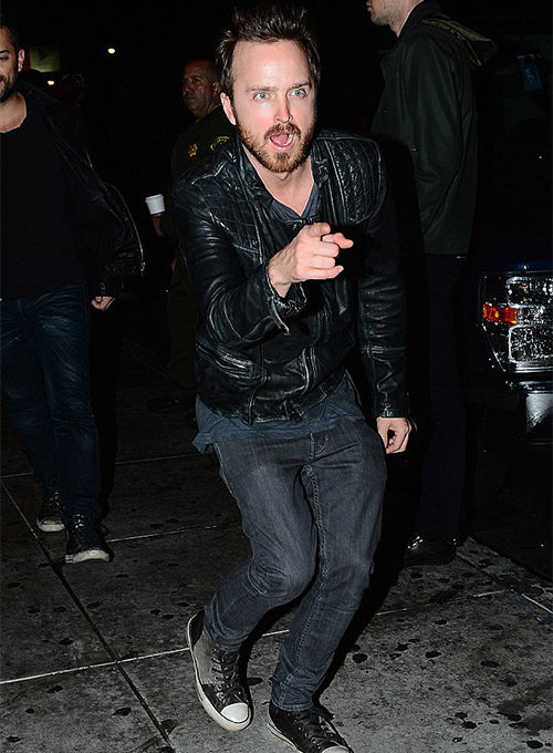 Aaron Paul Arcade Fire Concert Black Leather Jacket – Aaron Paul wearing the look, photo 2