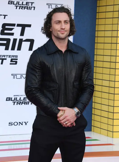Aaron Taylor-Johnson Bullet Train Premiere Black Leather Jacket – worn look