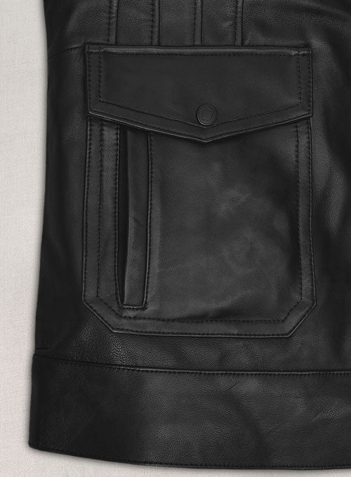 Aaron Taylor-Johnson Bullet Train Premiere Black Leather Jacket – close-up detail of leather and stitching
