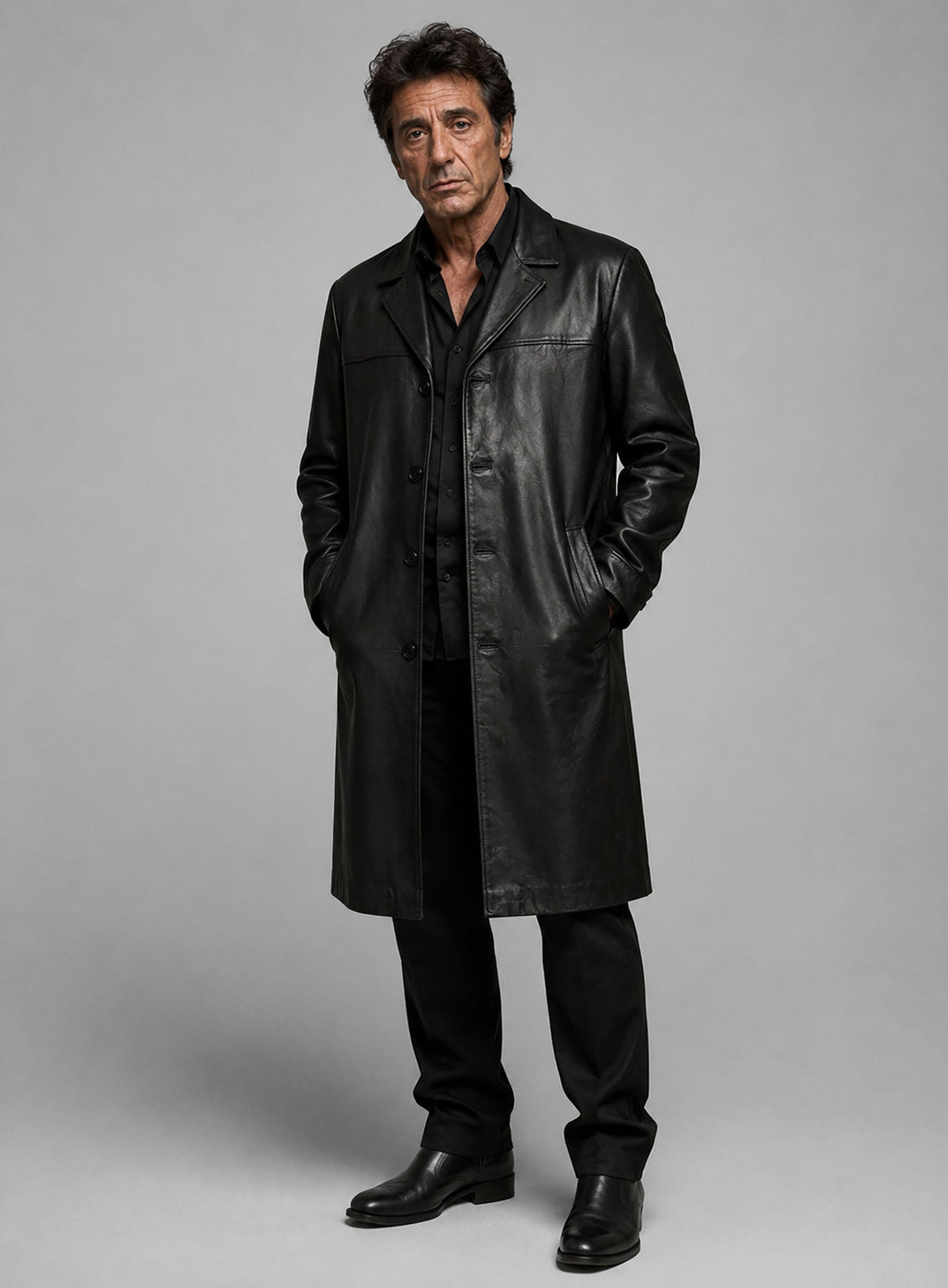 Al Pacino Insomnia Black Leather Trench Coat – worn look