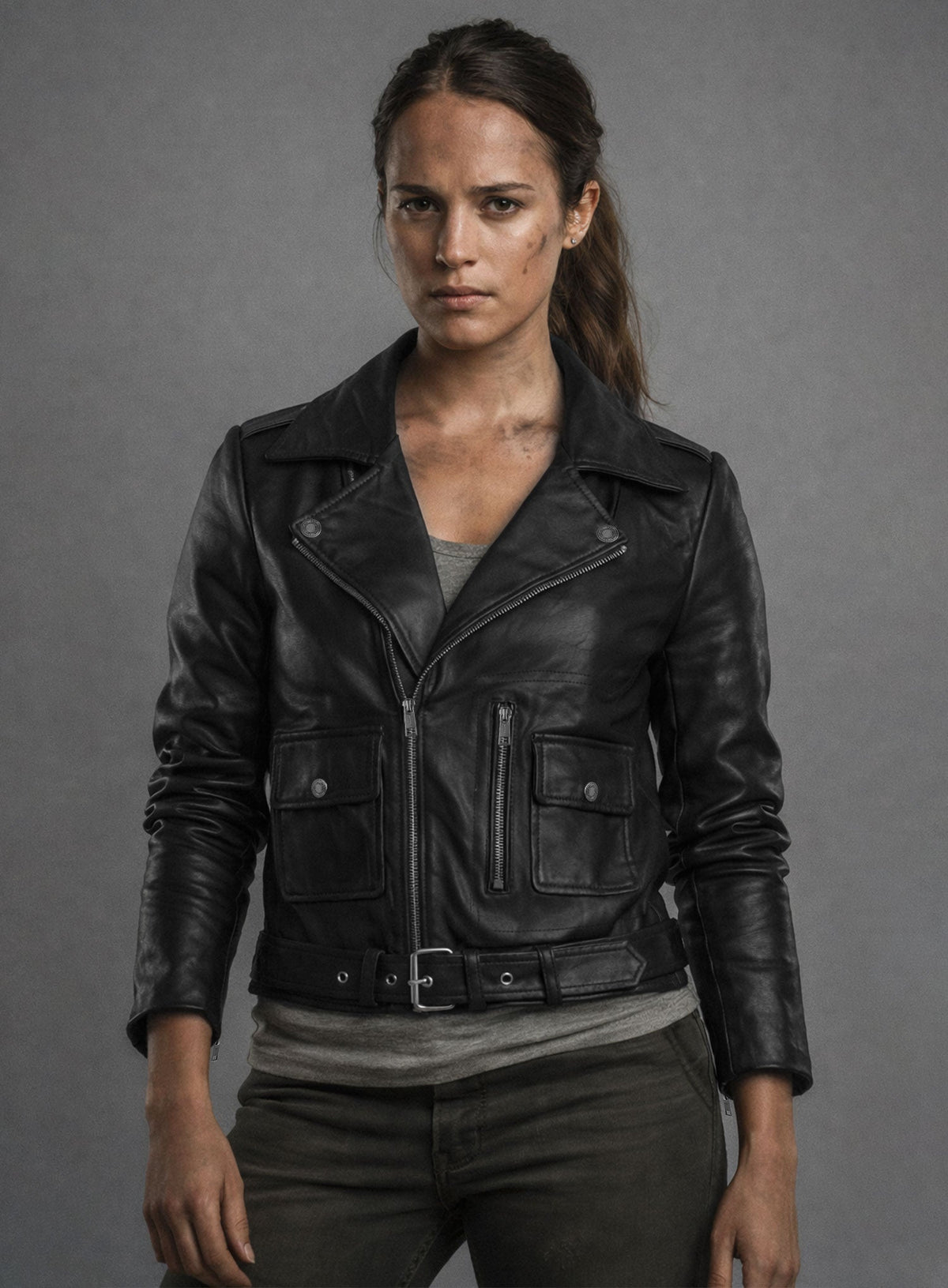 Alicia Vikander Tomb Raider Black Leather Jacket – close-up and worn views