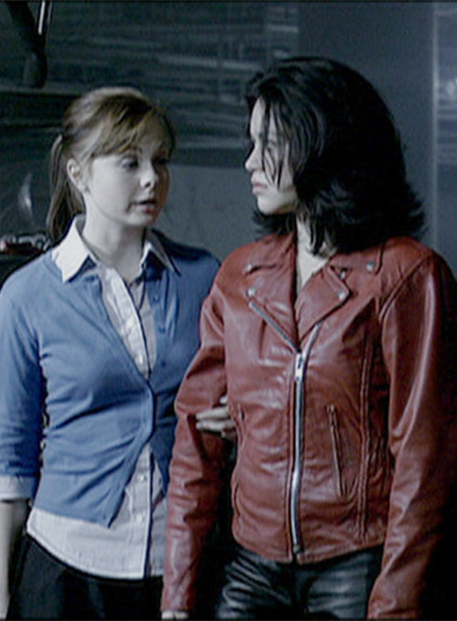 Alyssa Diaz Ben 10: Alien Swarm Black Leather Jacket – close-up and worn views