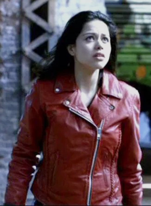 Alyssa Diaz Ben 10: Alien Swarm Black Leather Jacket – close-up and worn views