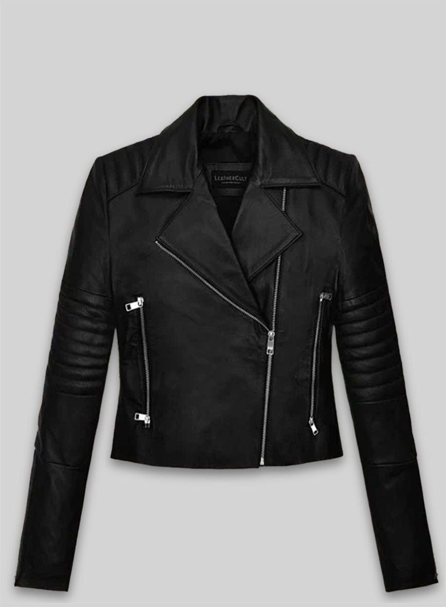 Amanda Seyfried Black Biker Leather Jacket – front view