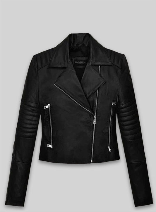 Amanda Seyfried Black Biker Leather Jacket – front view
