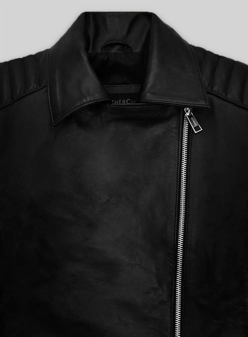 Amanda Seyfried Black Biker Leather Jacket – close-up and worn views