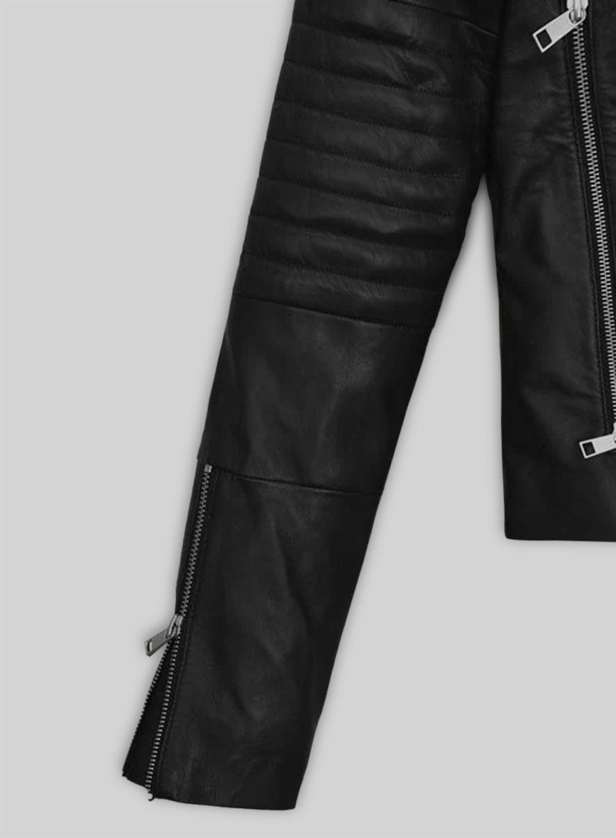 Amanda Seyfried Black Biker Leather Jacket – close-up and worn views