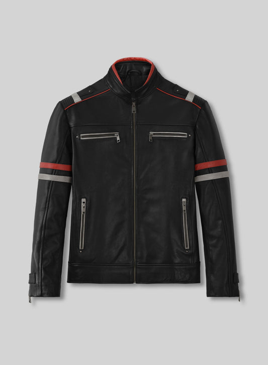 Anders Baasmo Christiansen Asphalt Burning Black Striped Leather Jacket – front view