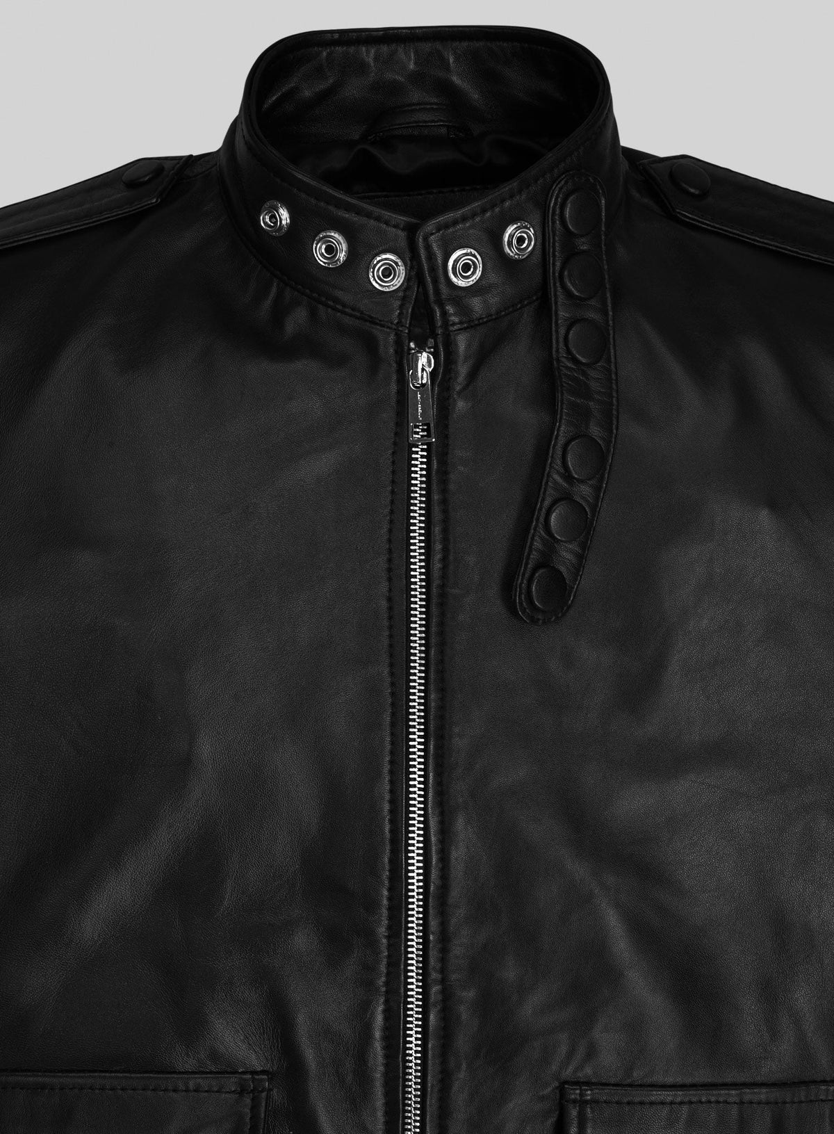 Andrew Garfield The Tonight Show Black Leather Jacket – close-up detail of hardware and pockets