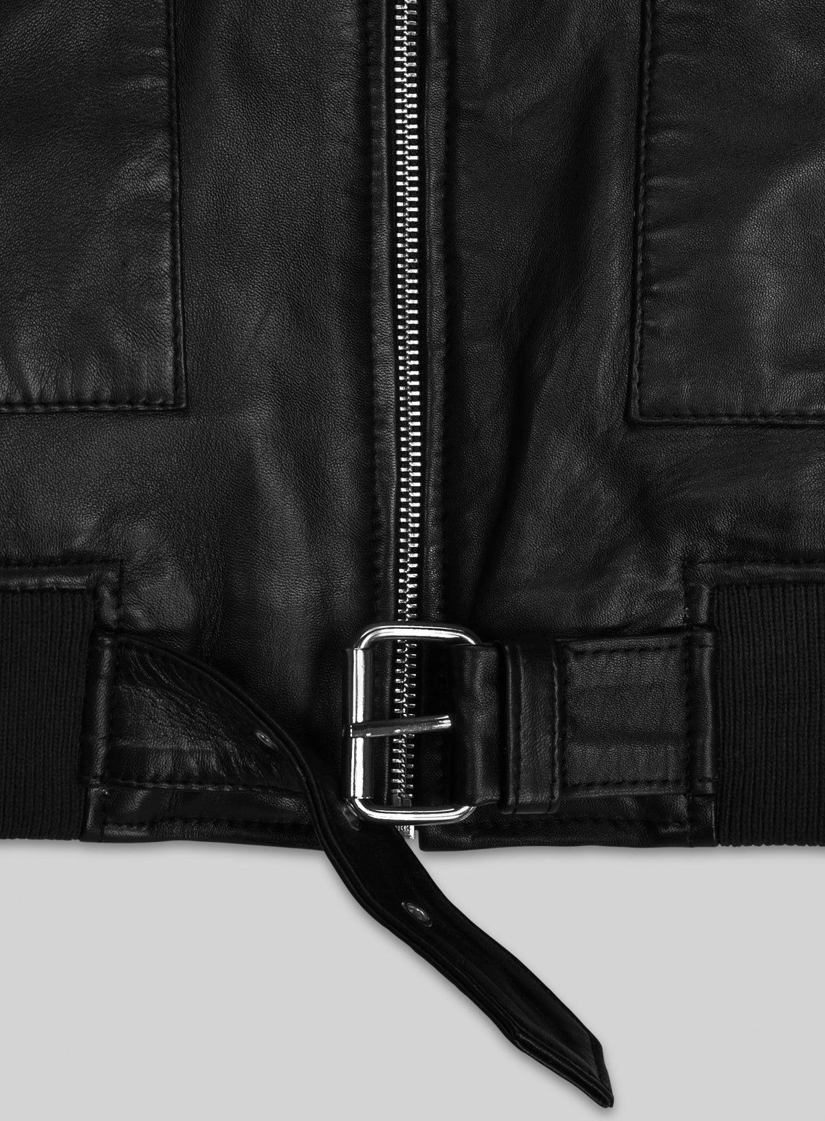 Andrew Garfield The Tonight Show Black Leather Jacket – close-up detail of hardware and pockets