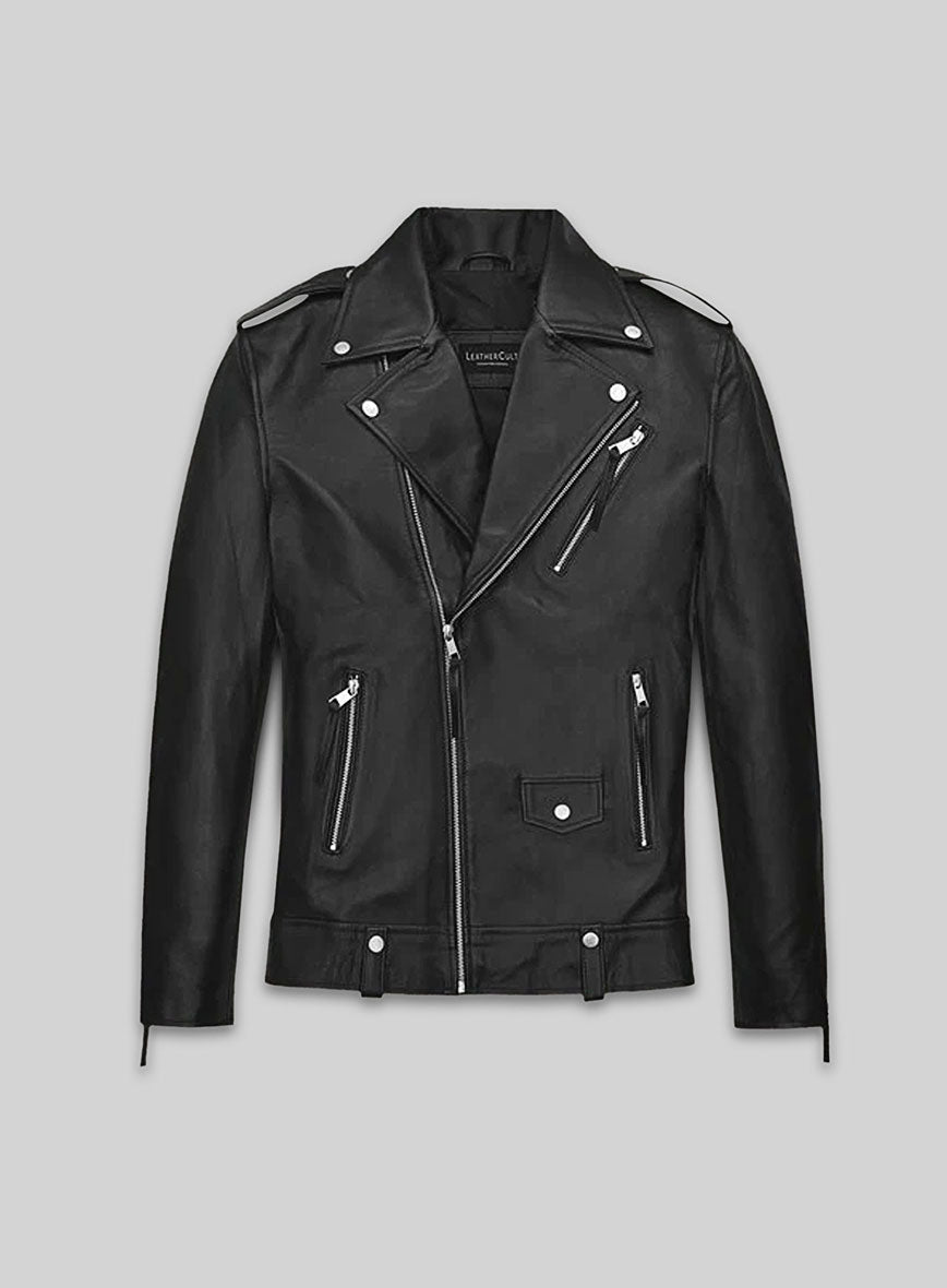 Ansel Elgort Black Biker Leather Jacket – front view