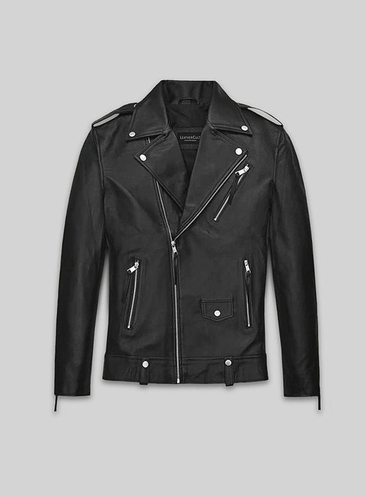 Ansel Elgort Black Biker Leather Jacket – front view