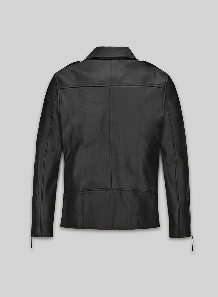 Ansel Elgort Black Biker Leather Jacket – back view