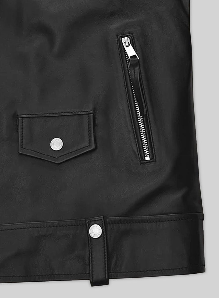 Ansel Elgort Black Biker Leather Jacket – close-up and worn views