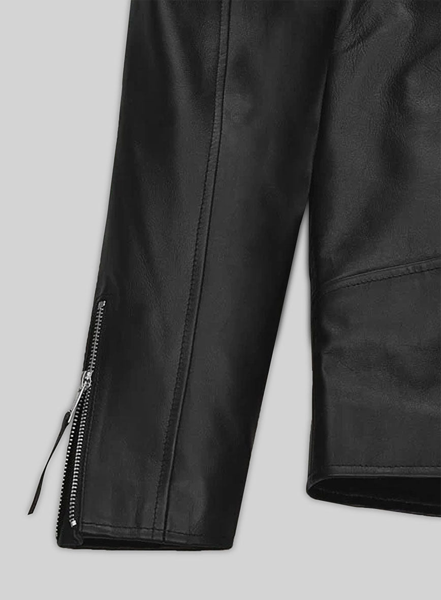 Ansel Elgort Black Biker Leather Jacket – close-up and worn views