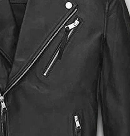 Ansel Elgort Black Biker Leather Jacket – close-up detail of front closure, pocket and leather stitching