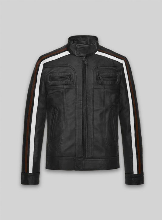 Ansel Elgort November Criminals Black Striped Leather Jacket – front view