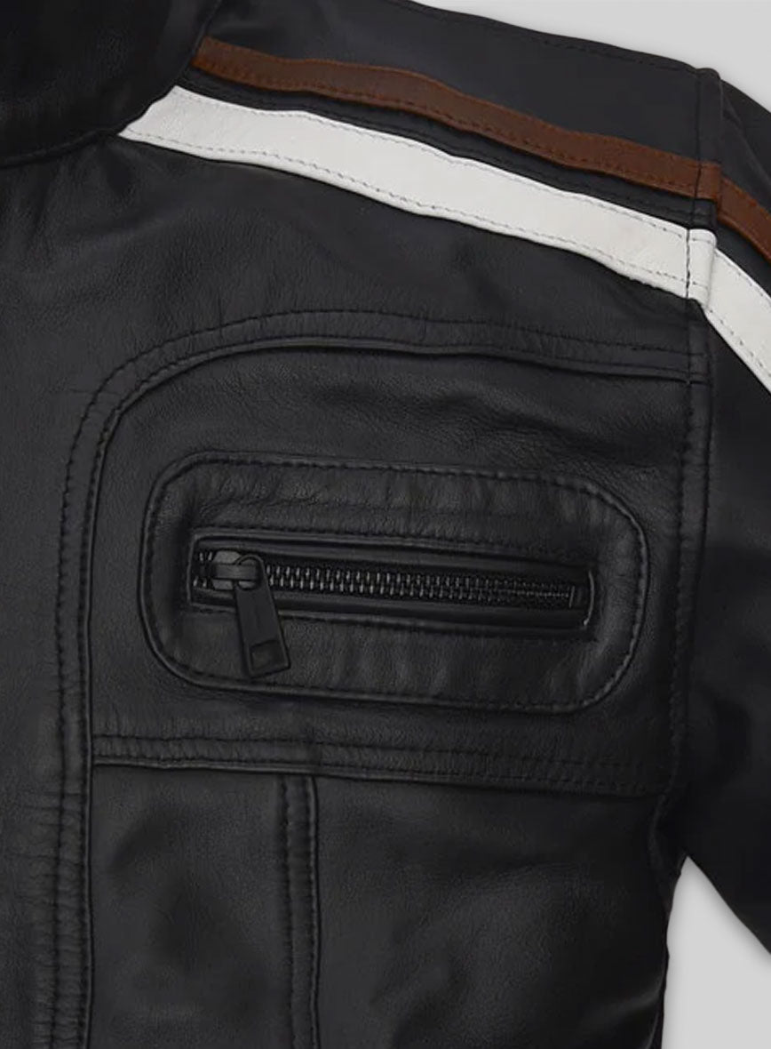 Ansel Elgort November Criminals Black Striped Leather Jacket – close-up detail of hardware and pockets