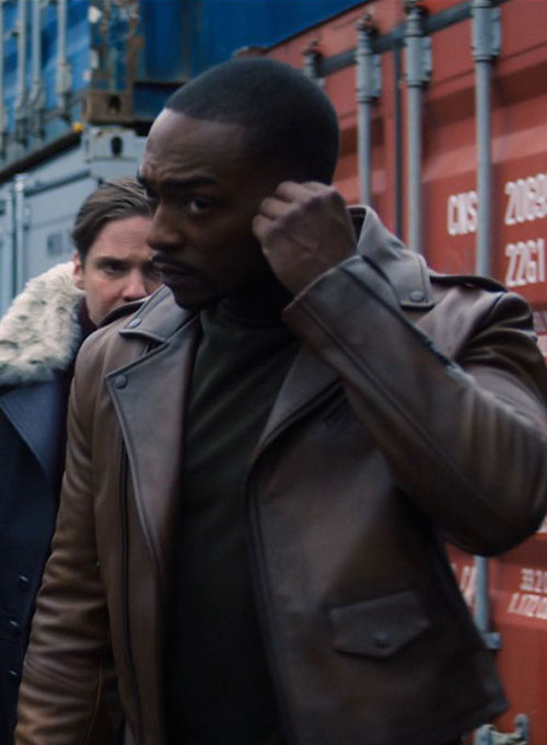 Anthony Mackie Falcon and The Winter Solider Black Leather Jacket – Anthony Mackie wearing the look, photo 2